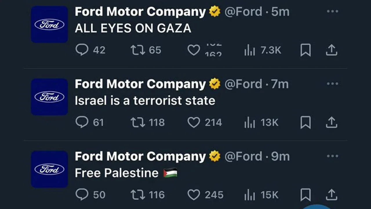 Ford'un X hesabından Filistin'i destekleyen mesajlar paylaşıldı