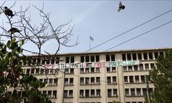 Yunanistan'da Kalkınma Bakanlığı çalışanları, Bakanlık binasına Filistin afişi astı